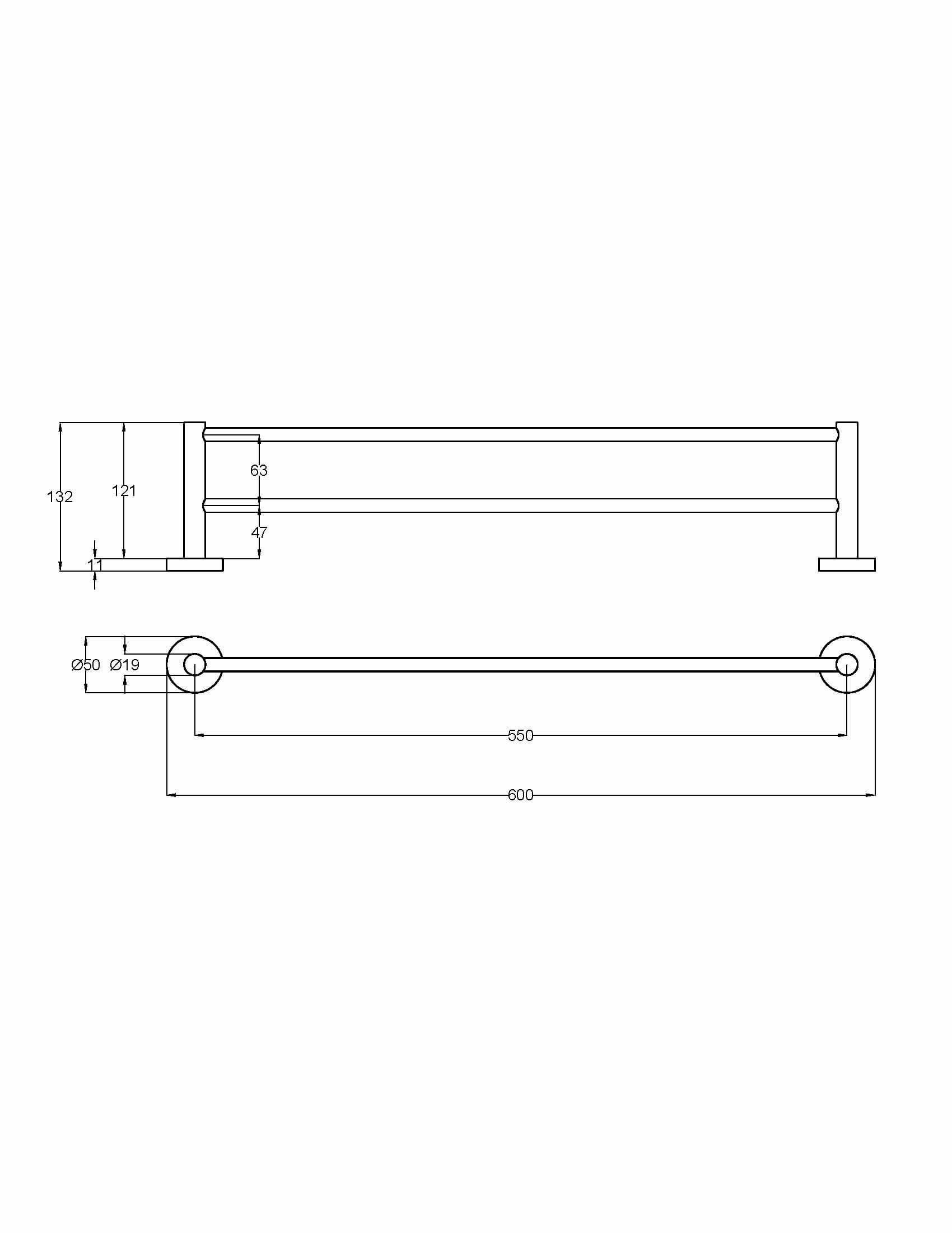 Otus Slimline SS304 Double Towel Rail – Dimension Diagram