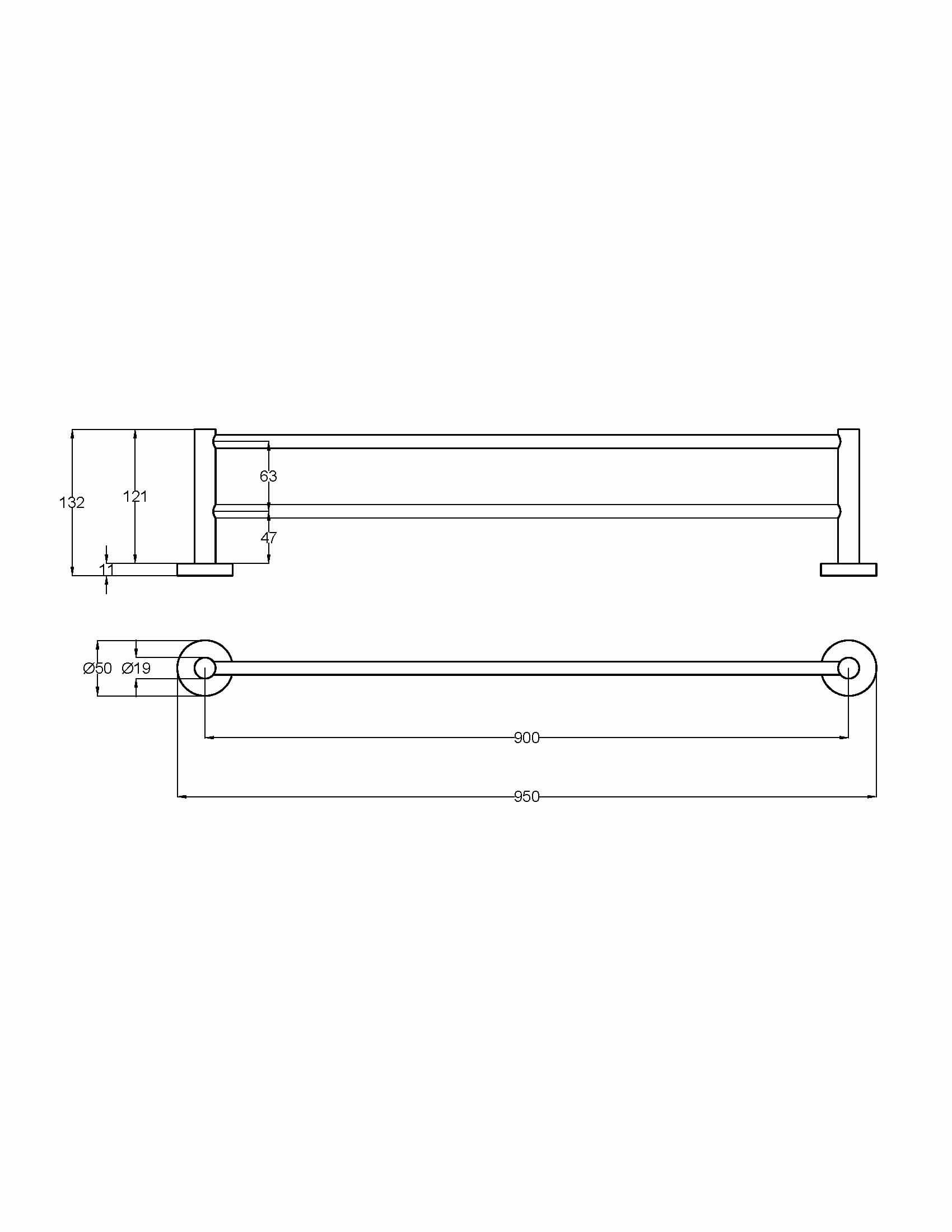 Otus Slimline SS304 Double Towel Rail – Technical Drawing
