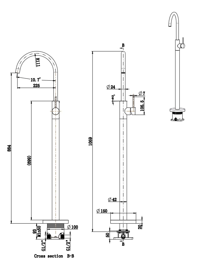Otus Slimline SS304 Freestanding Bath Mixer – Dimension Diagram