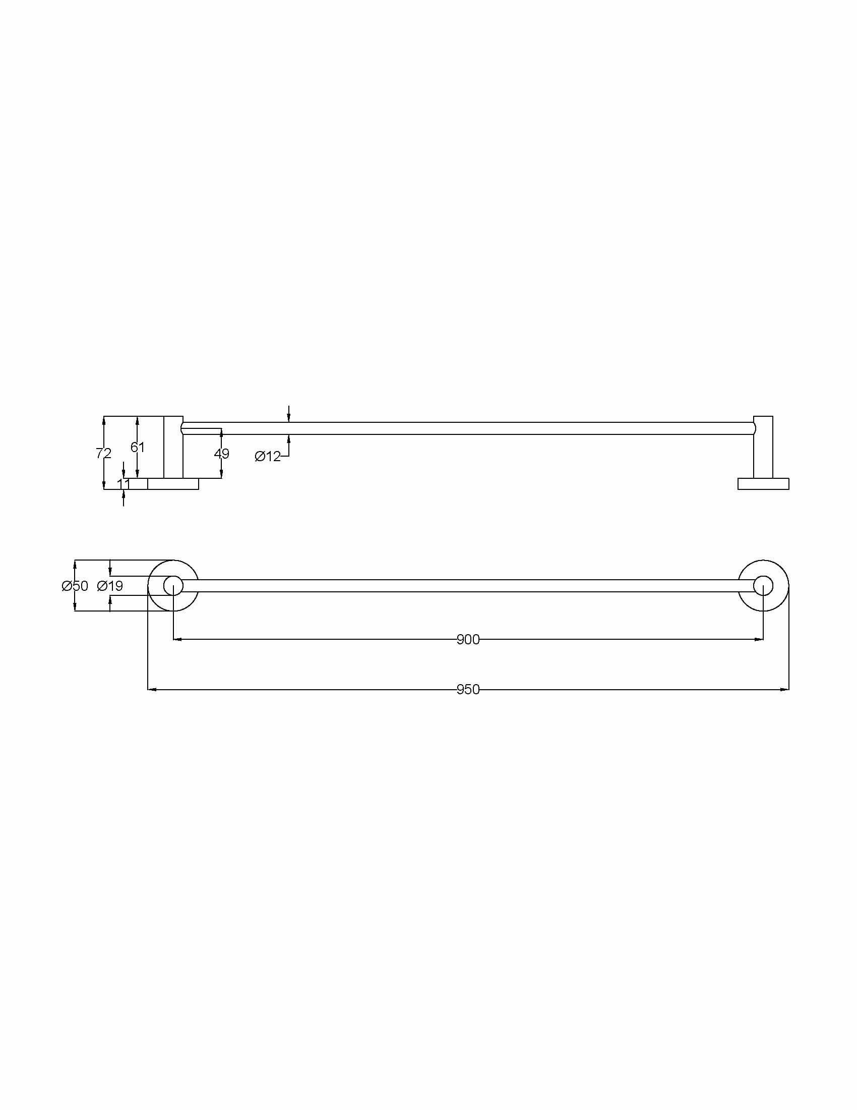 Otus Slimline SS304 Single Towel Rail – Technical Drawing