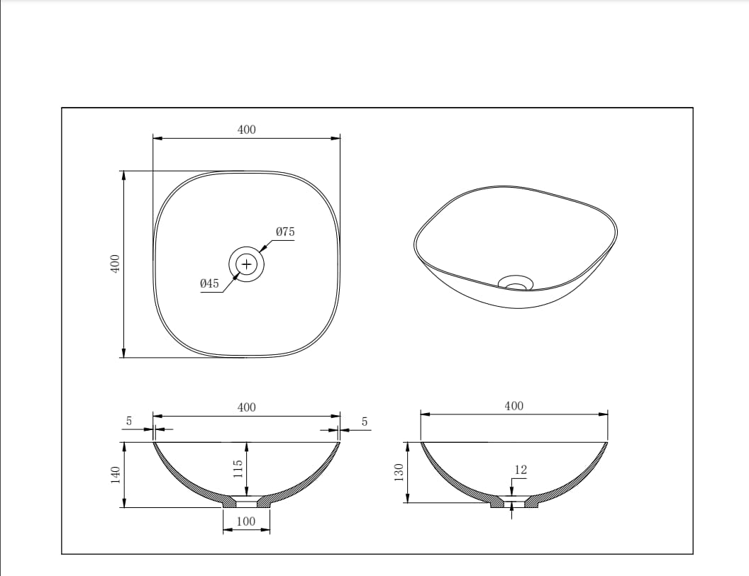 Lukka Perry Solid Surface Stone Above Counter Basin | 400×400×140 / 550×400×155 / 630×360×150 mm | Matt White