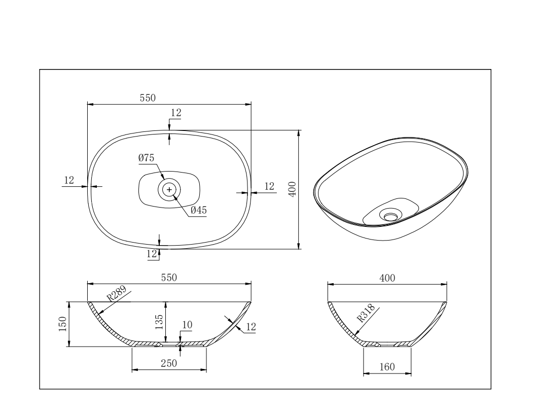 Lukka Perry Solid Surface Stone Above Counter Basin | 400×400×140 / 550×400×155 / 630×360×150 mm | Matt White