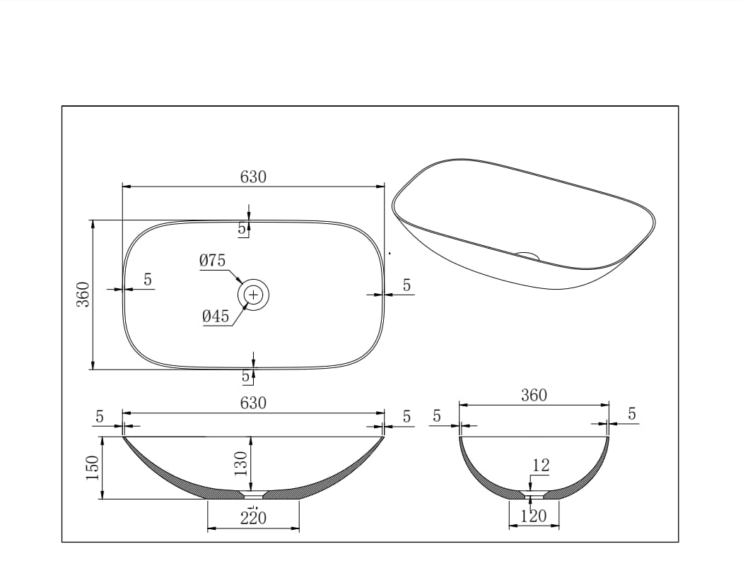 Lukka Perry Solid Surface Stone Above Counter Basin | 400×400×140 / 550×400×155 / 630×360×150 mm | Matt White