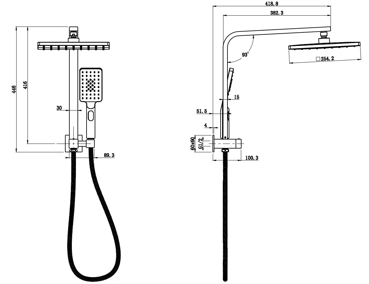 Modern dual shower head set technical drawing with dimensions, Secasa Home bathroom tapware.