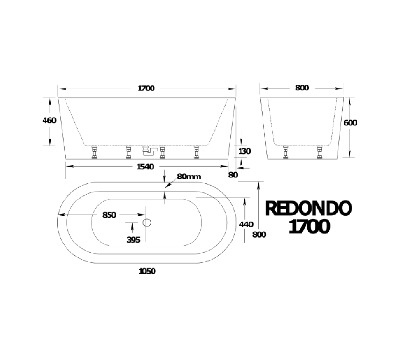 Technical dimensions diagram for the Broadway Redondo Oval Freestanding Spa (1700mm).
