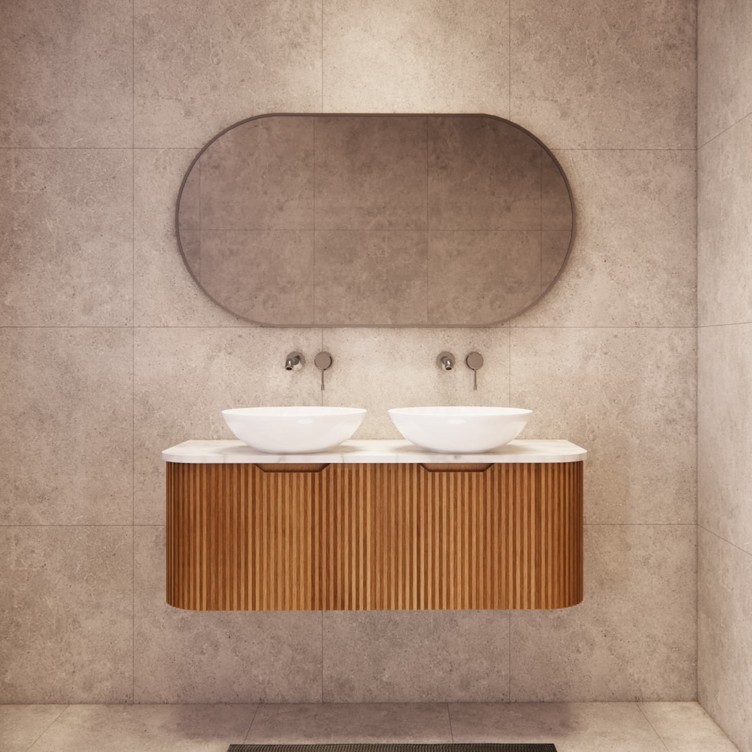 Modern bathroom with a fluted timber double vanity and dual vessel sinks under a large mirror