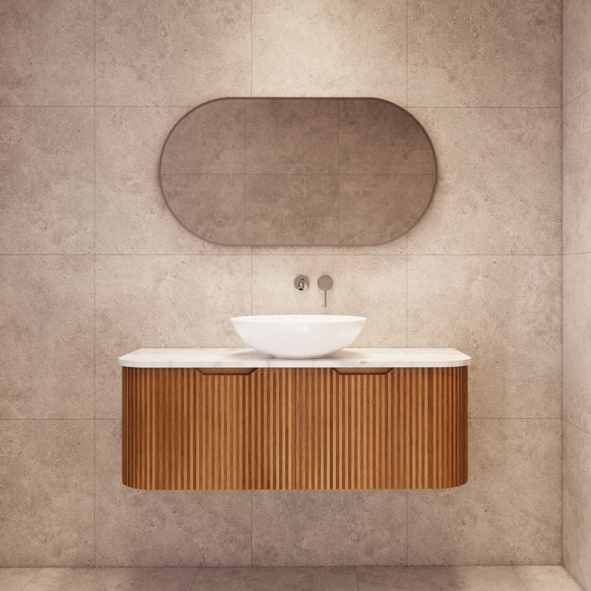 Modern bathroom with fluted timber curved vanity, white basin, and stone tile walls