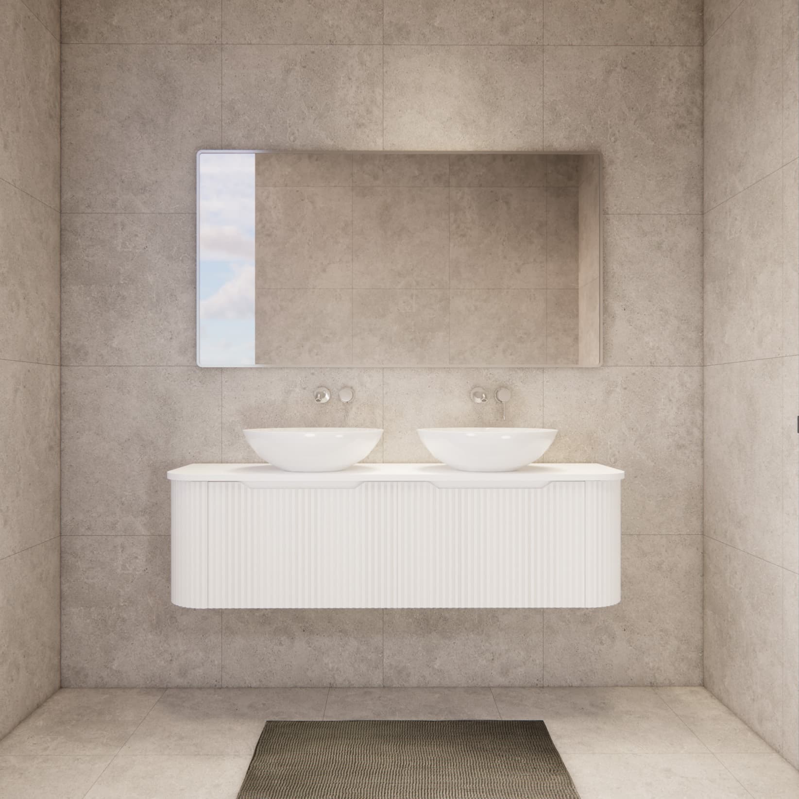 Modern bathroom with matte white double bowl vanity, large mirror, and tile walls from Secasa Home.