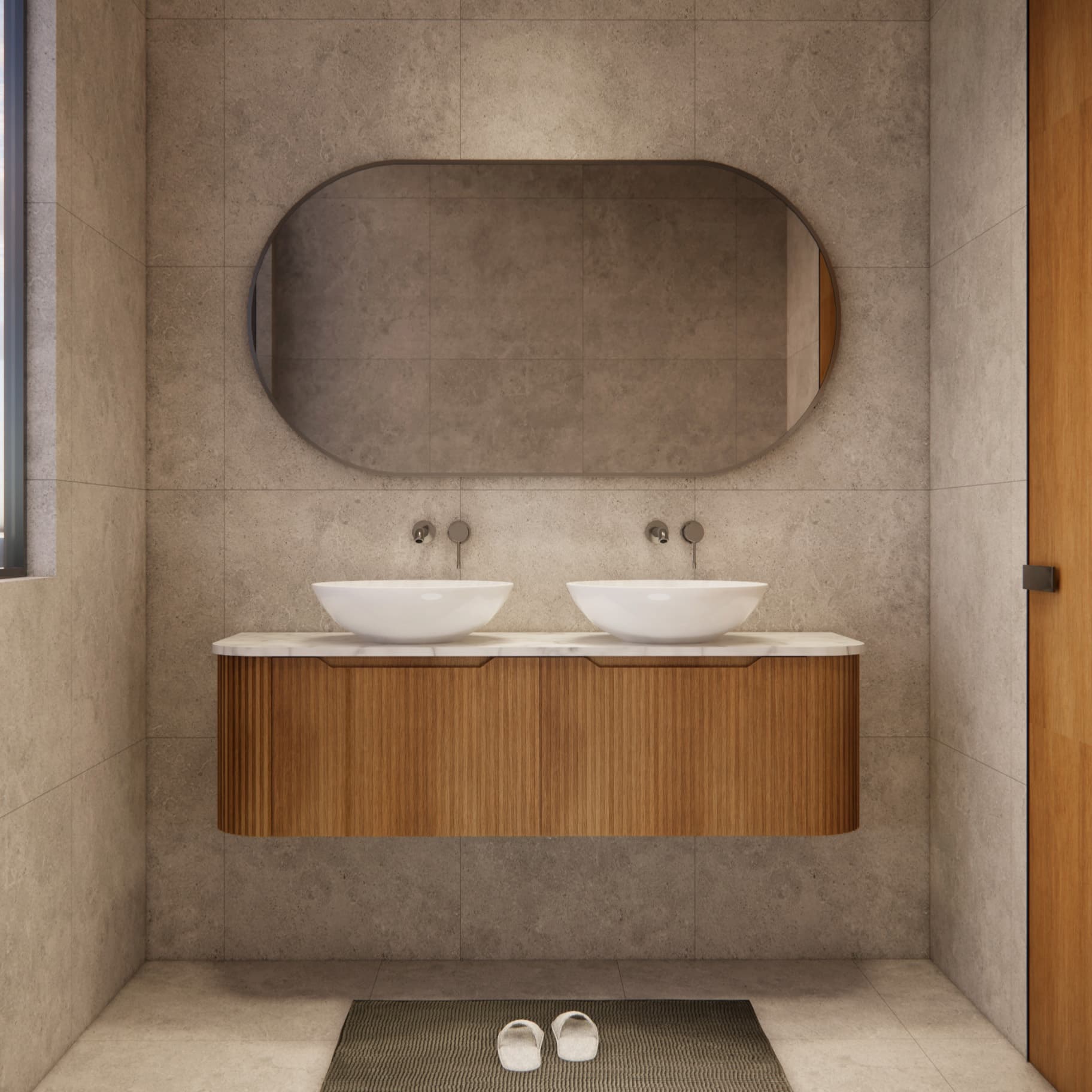 Contemporary bathroom featuring the Riva Bergen 1500mm double bowls solid timber fluted curved wall hung vanity, enhancing warmth, spaciousness and elegant design with natural wood.