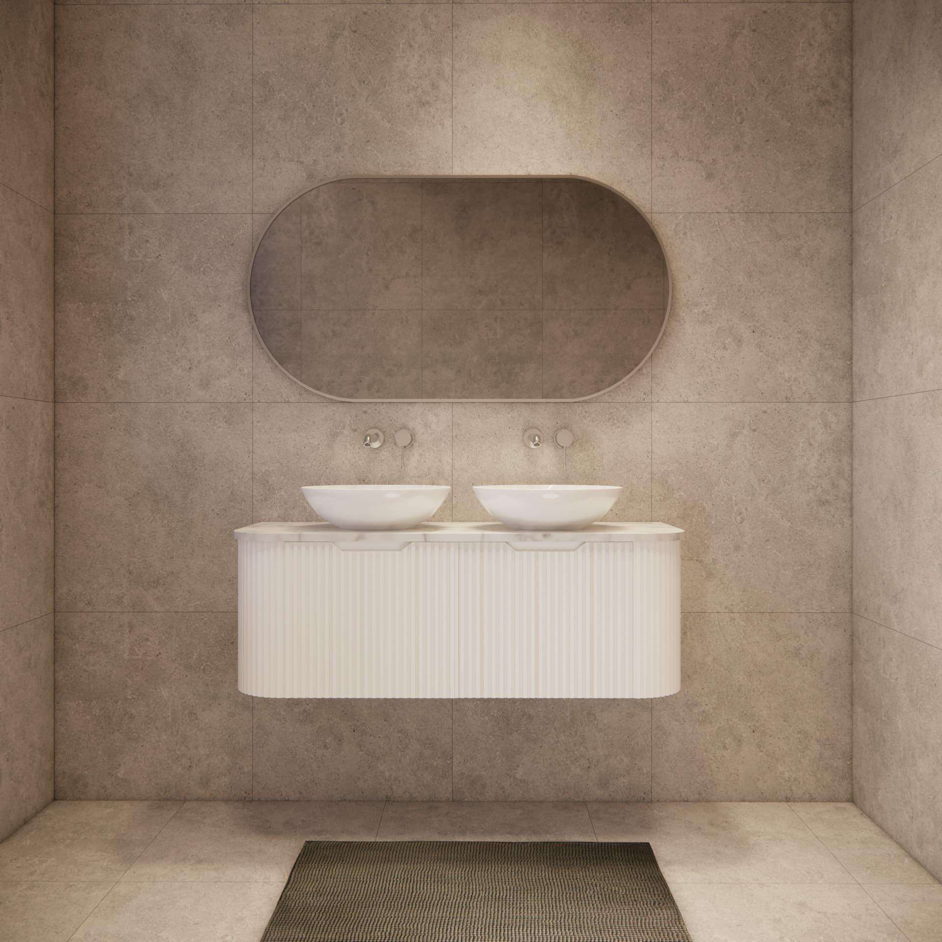 Modern bathroom with matte white curved double bowl wall-hung vanity and large oval mirror