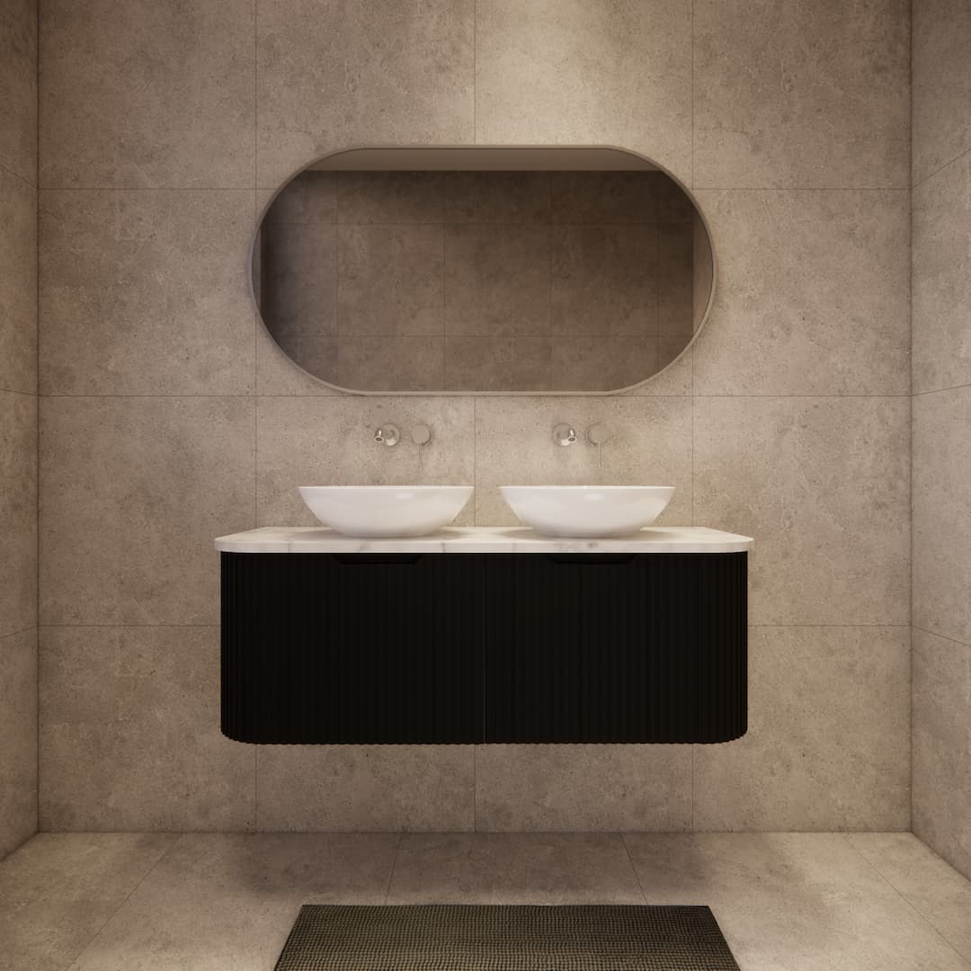 Modern bathroom with matte black fluted vanity, double vessel sinks, large oval mirror