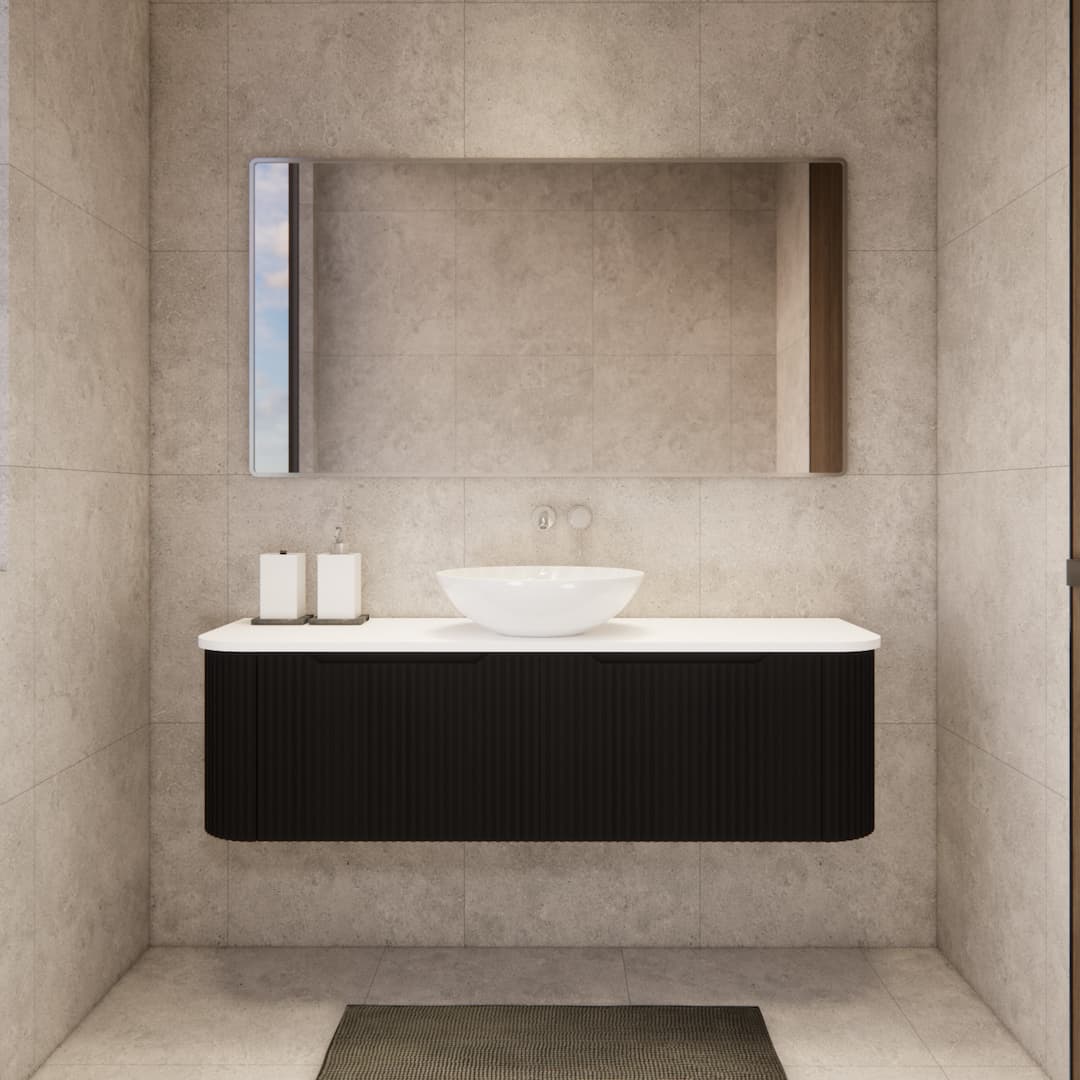 Modern bathroom with matte black fluted curved vanity, vessel sink, and large mirror