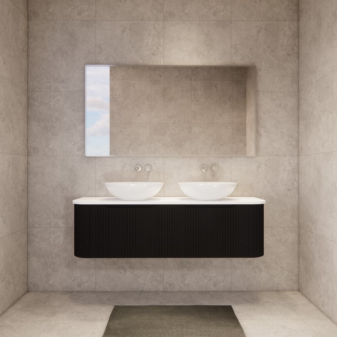 Modern bathroom with matte black fluted curved vanity, double vessel sinks, large mirror, Secasa Home