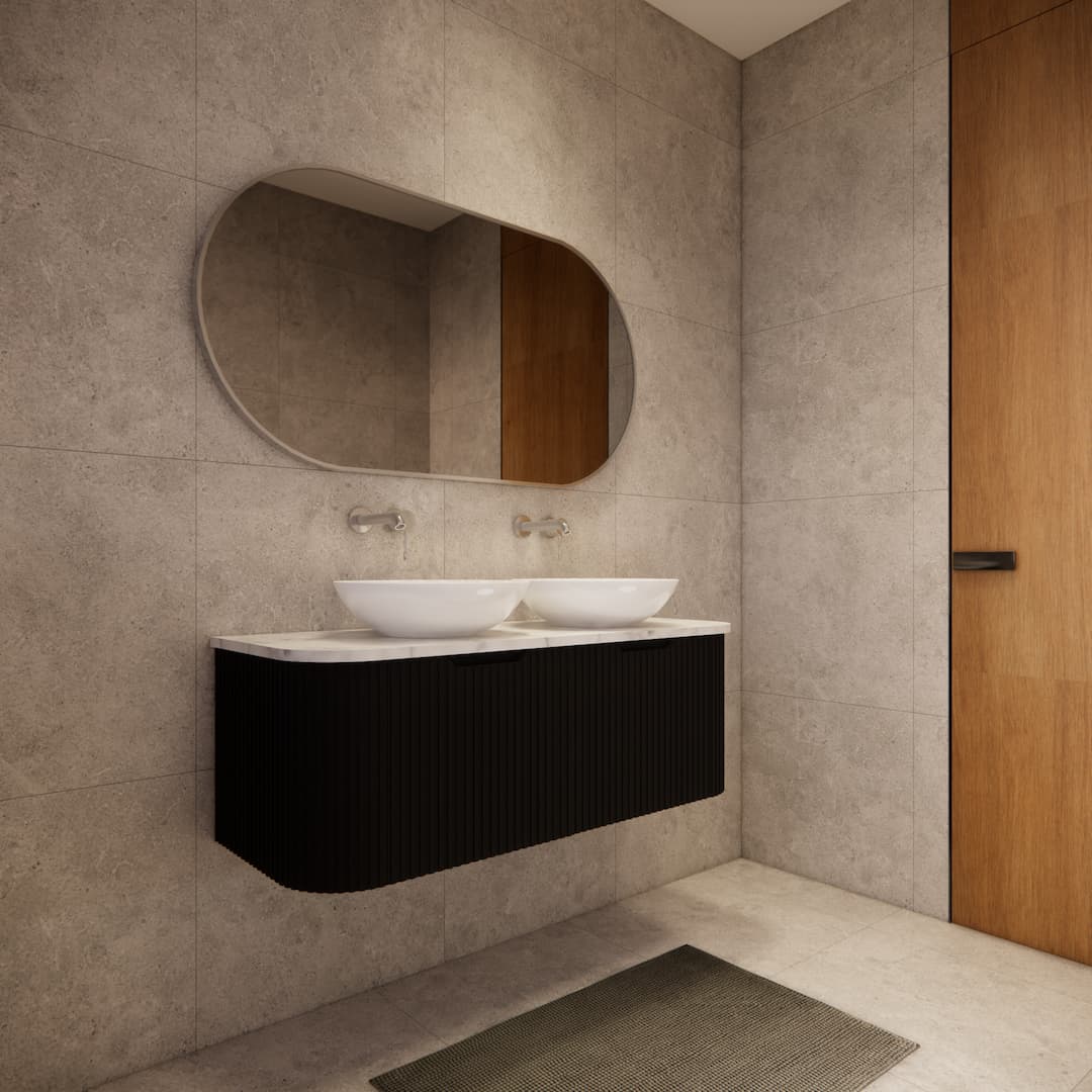 Modern bathroom with matte black fluted vanity, double basins, large mirror, and stone tiles