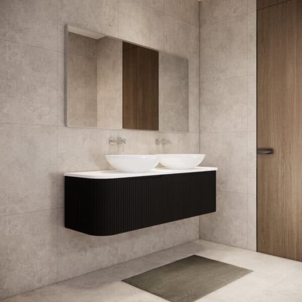 Modern bathroom with matte black fluted floating vanity and double vessel sinks
