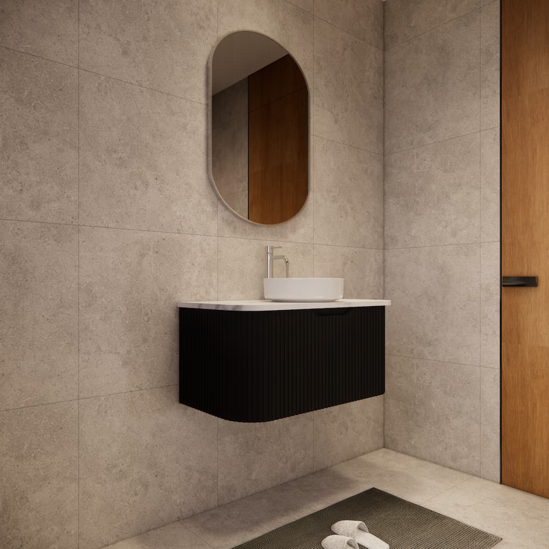 Modern bathroom with matte black fluted vanity, round mirror, and stone tile walls by Secasa Home