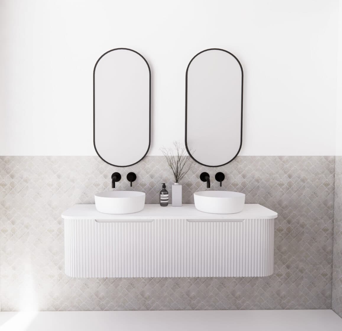 Modern matte white double bathroom vanity with two vessel sinks, black taps, and oval mirrors