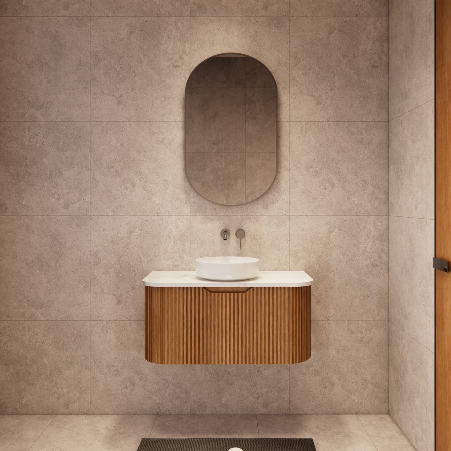 Modern bathroom with fluted timber curved vanity, round basin, and oval mirror on stone wall.