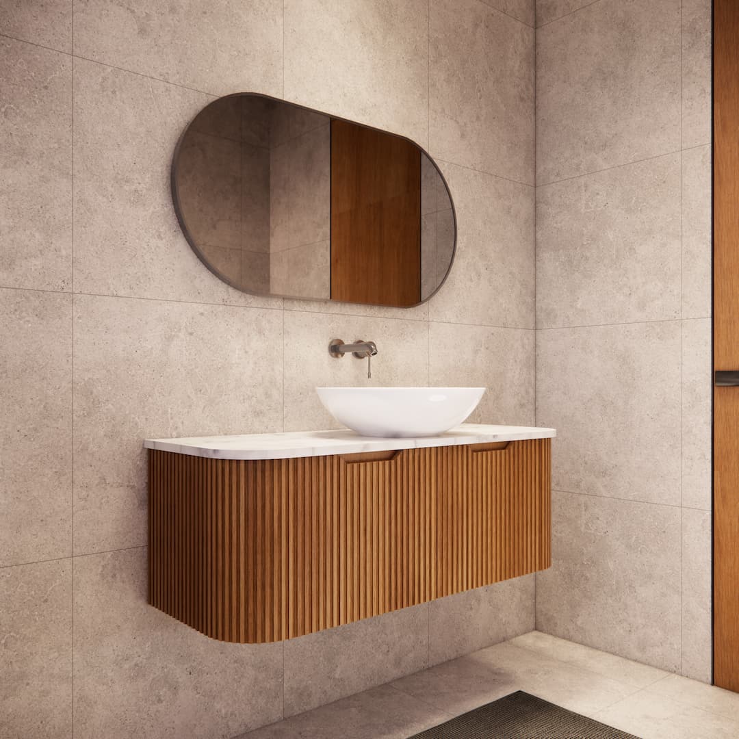 Modern bathroom with Bergen fluted timber vanity, vessel sink, and oval mirror by Secasa Home