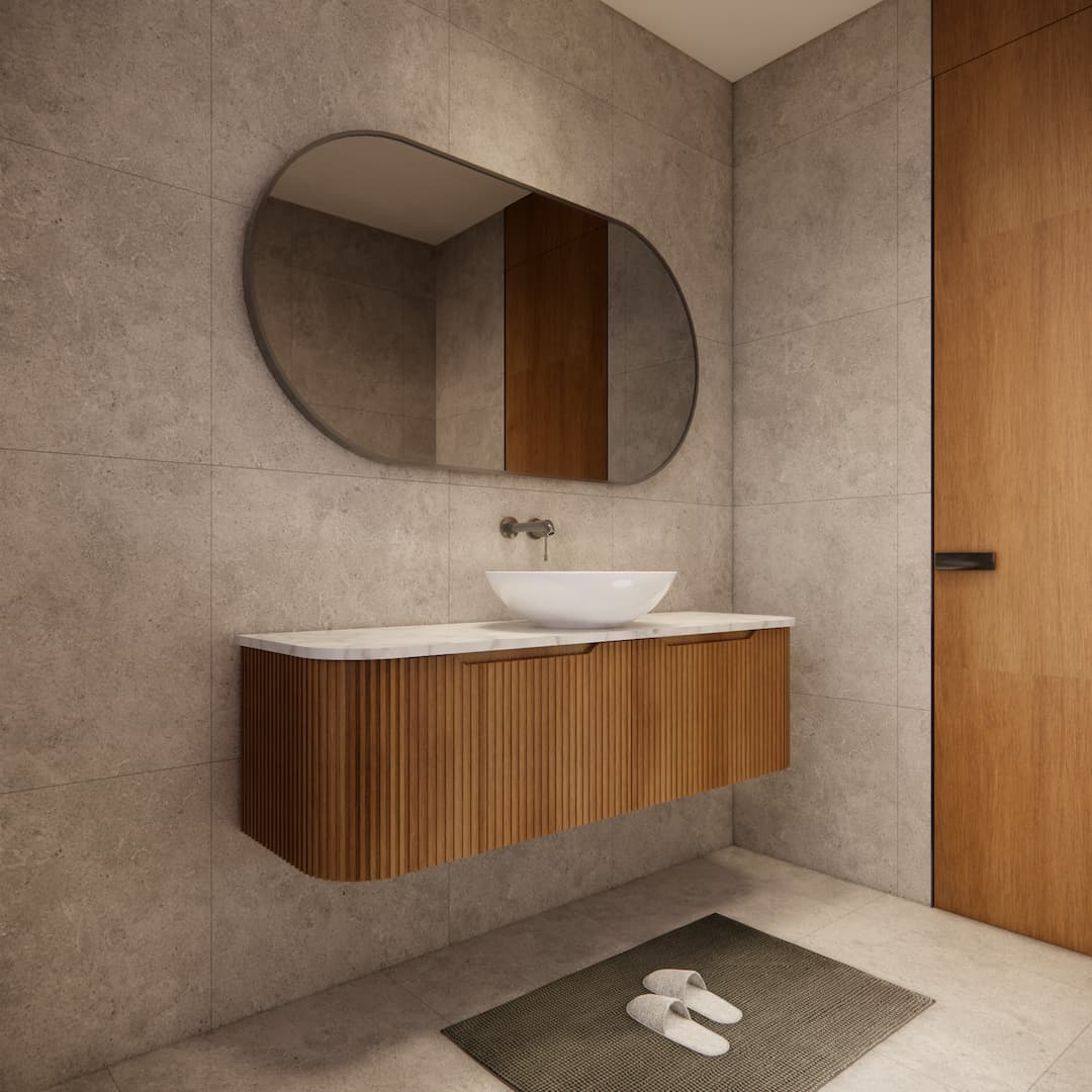 Modern bathroom with Secasa Home solid timber fluted vanity, stone tile walls, oval mirror.