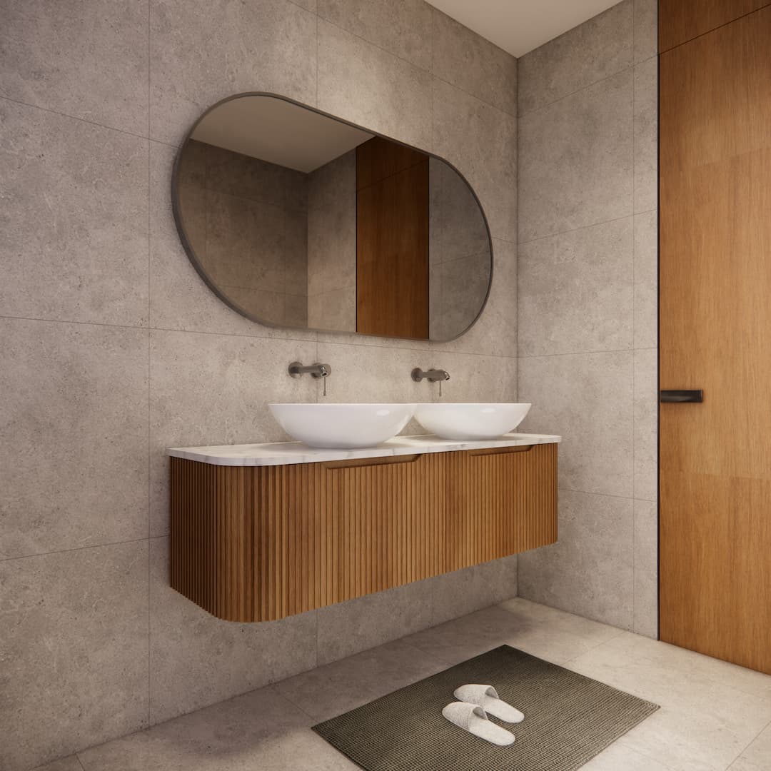 Modern bathroom with Bergen solid timber fluted vanity, vessel sinks, and large mirror by Secasa Home