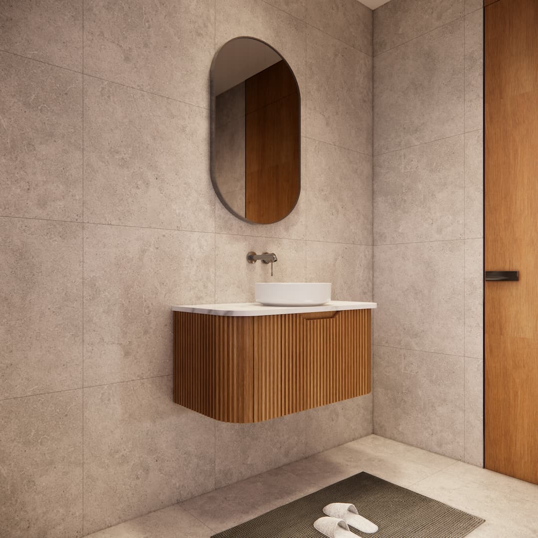 Modern bathroom with wall-hung timber fluted vanity, round basin, and oval mirror from Secasa Home