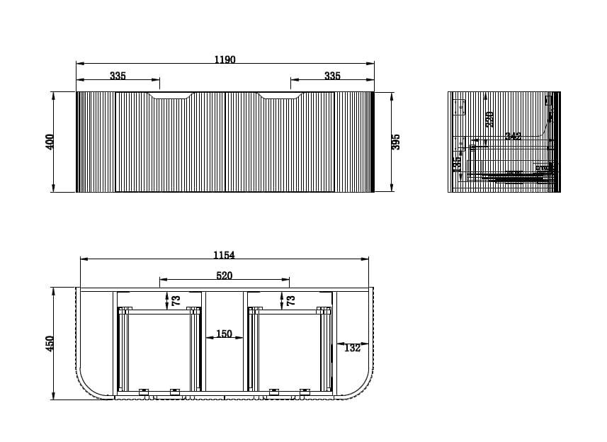 Riva Bergen WH1200 modern vanity technical drawing with detailed dimensions, Secasa Home