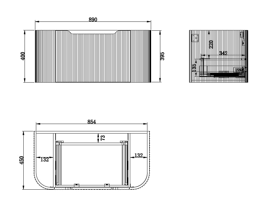 Dimensions diagram of Riva Bergen WH750 modern bathroom vanity with rounded edges and ribbed front, 890x450x400mm, Secasa Home.