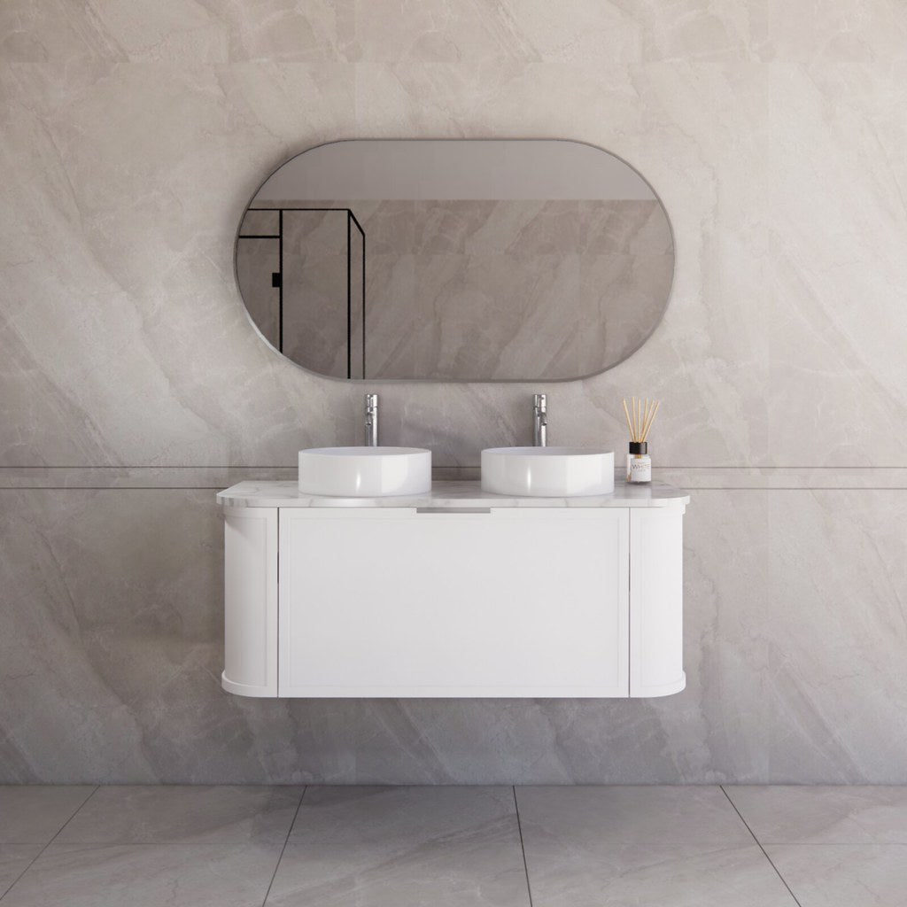 Front view of the 1200mm single Houston wall hung vanity brushed nickel handle with door open view, highlighting its seamless curved design and ample storage drawers.