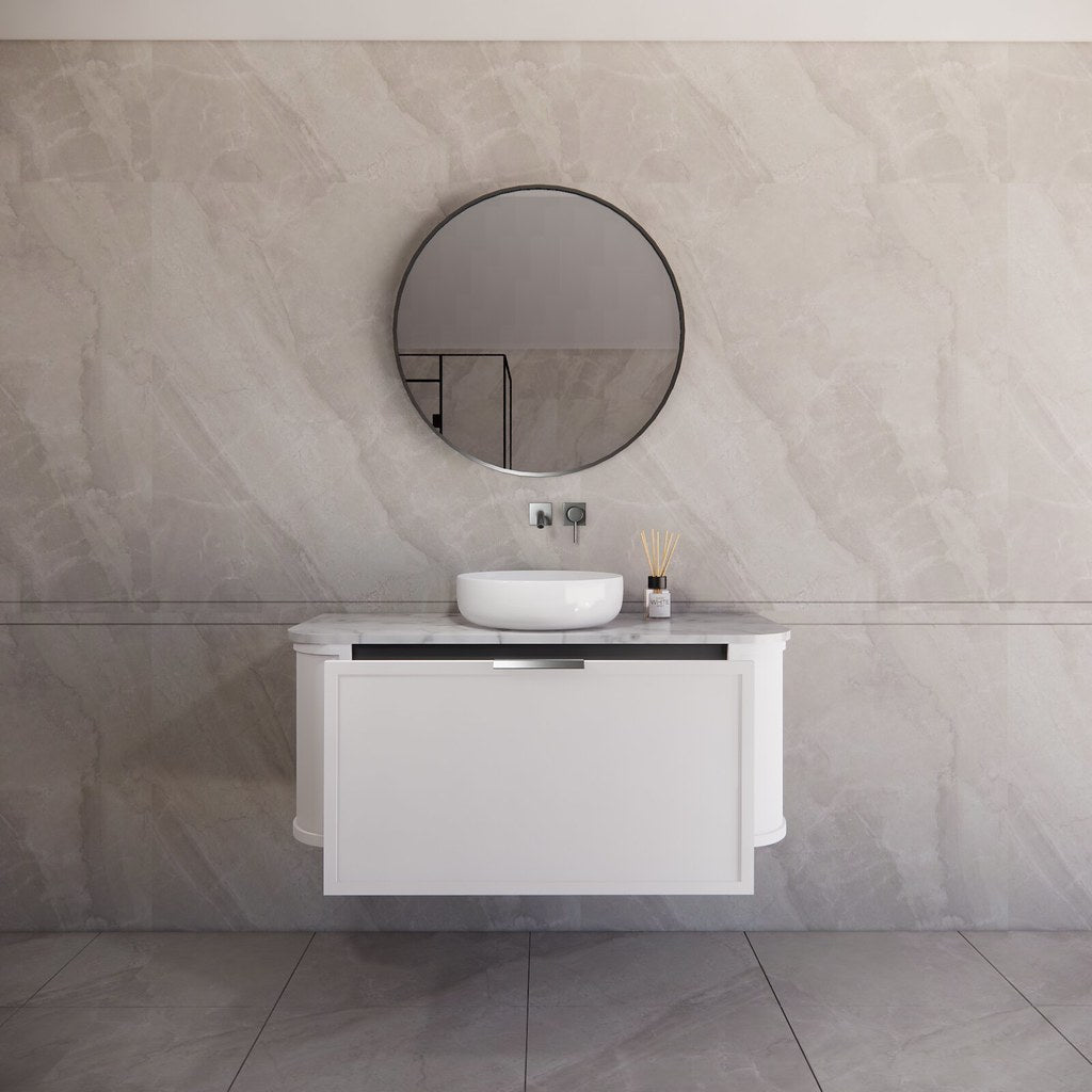Front view of the 1200mm signle bowl Houston wall hung vanity with door open view, highlighting its seamless curved design and ample storage drawers.