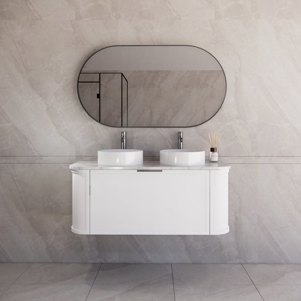 Front view of the 1200mm signle Houston wall hung vanity with door open view with gun metal handle, highlighting its seamless curved design and ample storage drawers.