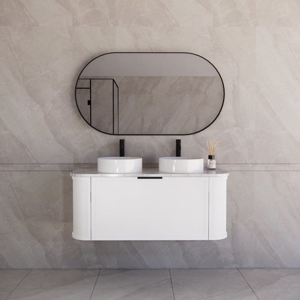 Front view of the Houston 1200mm wall hung double bowl vanity with door open view, highlighting its seamless curved design and ample storage drawers.