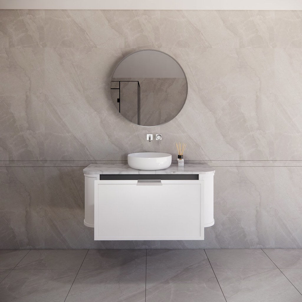 Front view of the Houston wall hung vanity with door open, highlighting its seamless curved design and ample storage drawers.