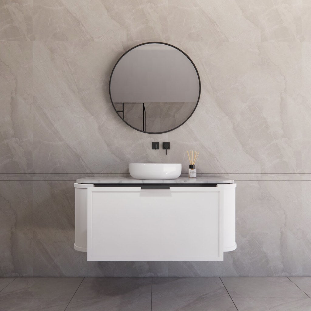 Front view of the Houston wall hung vanity, highlighting its seamless curved design and ample storage drawers.