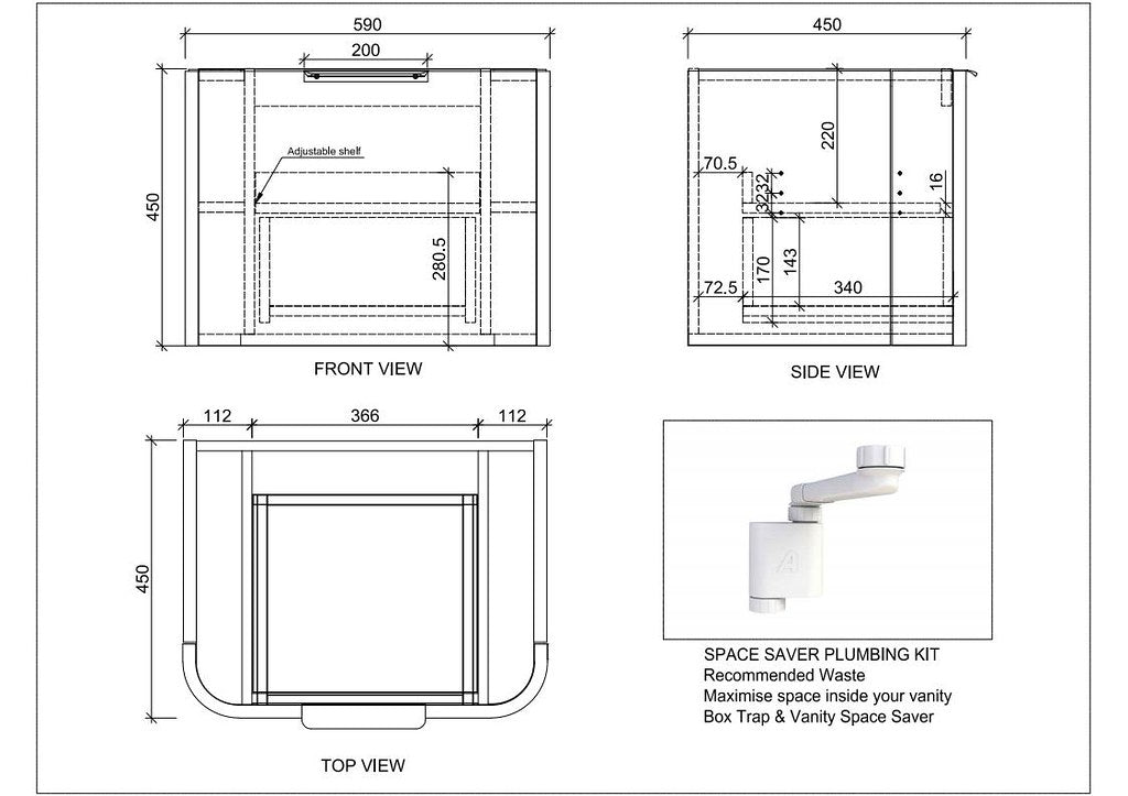 Technical diagram showing all dimensions and installation specifications for the ABS Houston Wall Hung Vanity 600mm