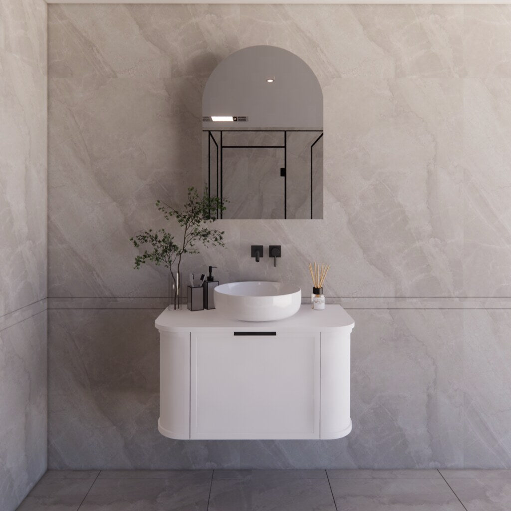 Riva Houston 900mm Wall Hung Vanity in Matte White with elegant curved front panels.