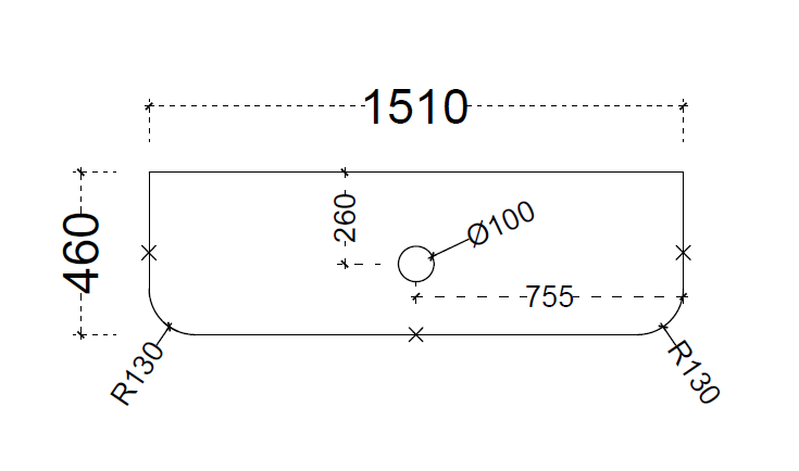 Riva White Curved Stone Top 1500mm Single Waste Dimension Diagram