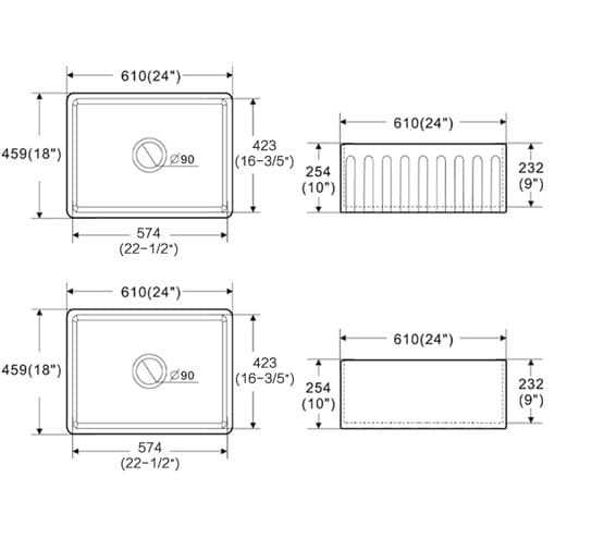 Roca fireclay butler sink 610x459x254mm with technical dimensions, ideal for modern kitchens.