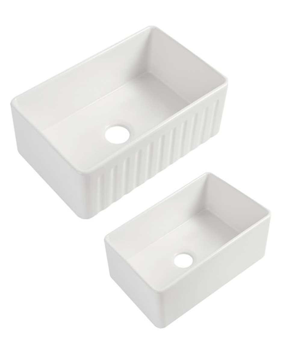 Gloss white fireclay butler kitchen sinks with ridged and smooth apron designs, Secasa Home.