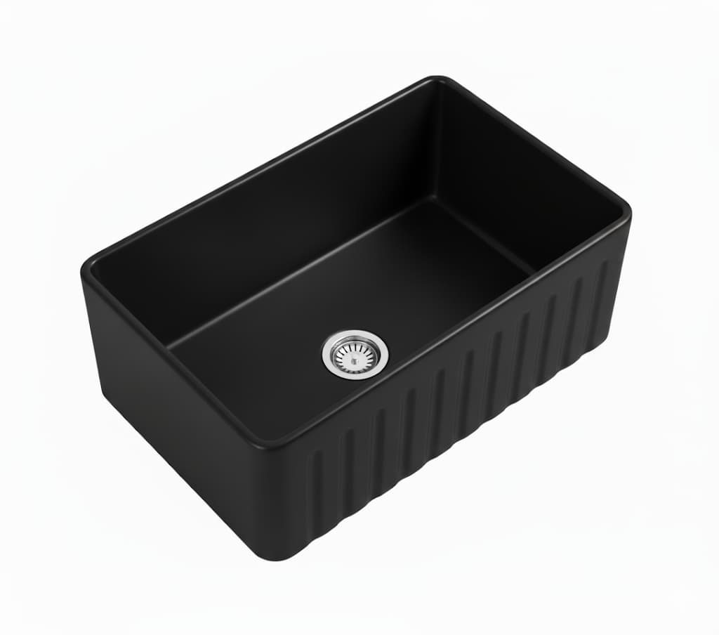 Lukka Rocca Fine Fireclay Farmhouse Butler Sink | Gloss White & Matte Black | 760×459×254mm | Single Bowl Apron Front