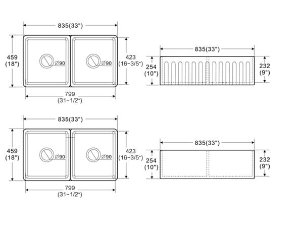 Rocca fireclay butler double kitchen sink with detailed dimensions in technical drawing.