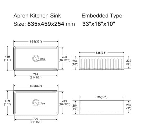 Rocca fireclay butler single kitchen sink dimensions 835x459x254mm, apron embedded type diagram
