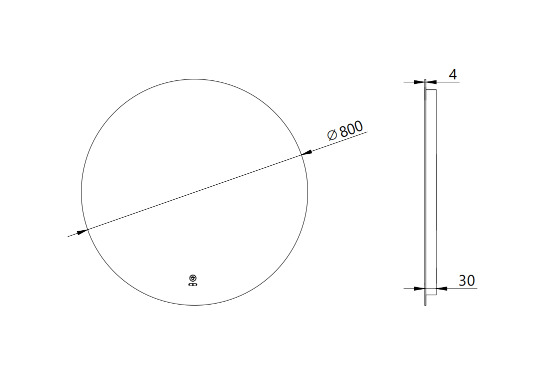 Round LED bathroom mirror technical drawing, 800mm diameter, side and front view, Secasa Home