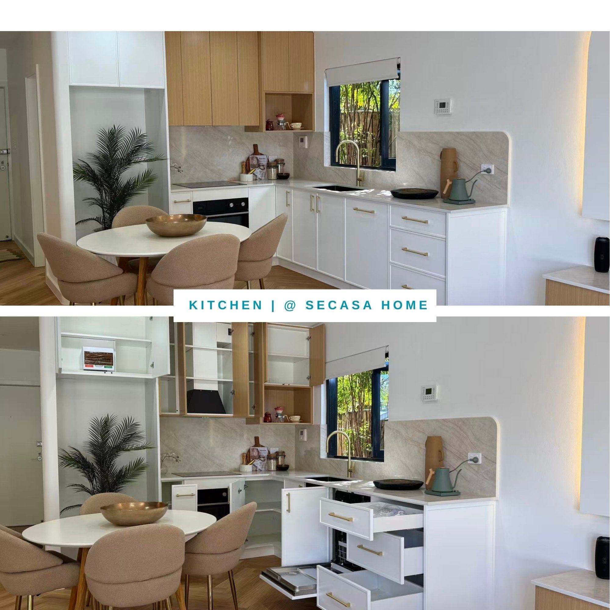 Contemporary kitchen renovation by Secasa Home, featuring integrated white and timber cabinetry with gold handles, marble splashback, and a gold gooseneck mixer tap.