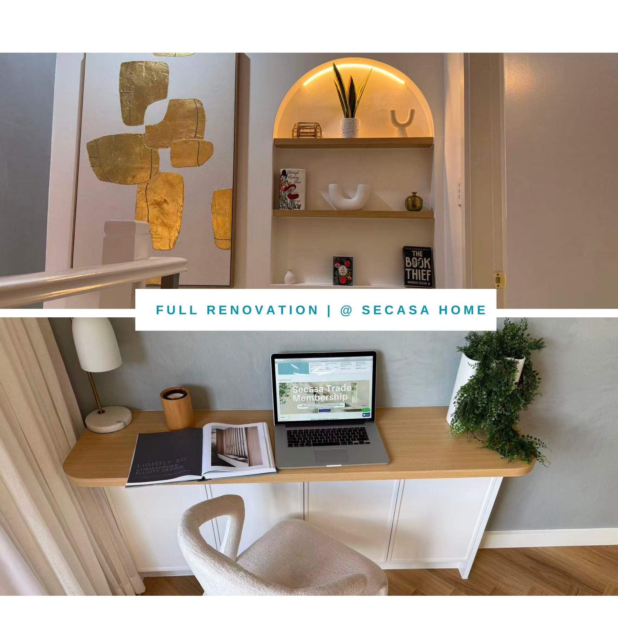 Modern study nook and interior styling by Secasa Home, showcasing an elegant arched wall niche with warm backlighting and bespoke gold textured artwork.