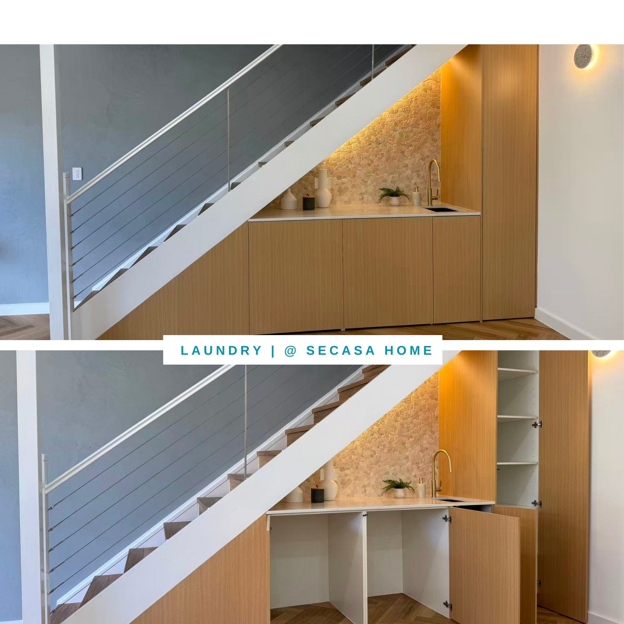 Under-stairs laundry design by Secasa Home featuring custom timber cabinetry, stone splashback with warm LED lighting, and a brushed gold gooseneck tap.