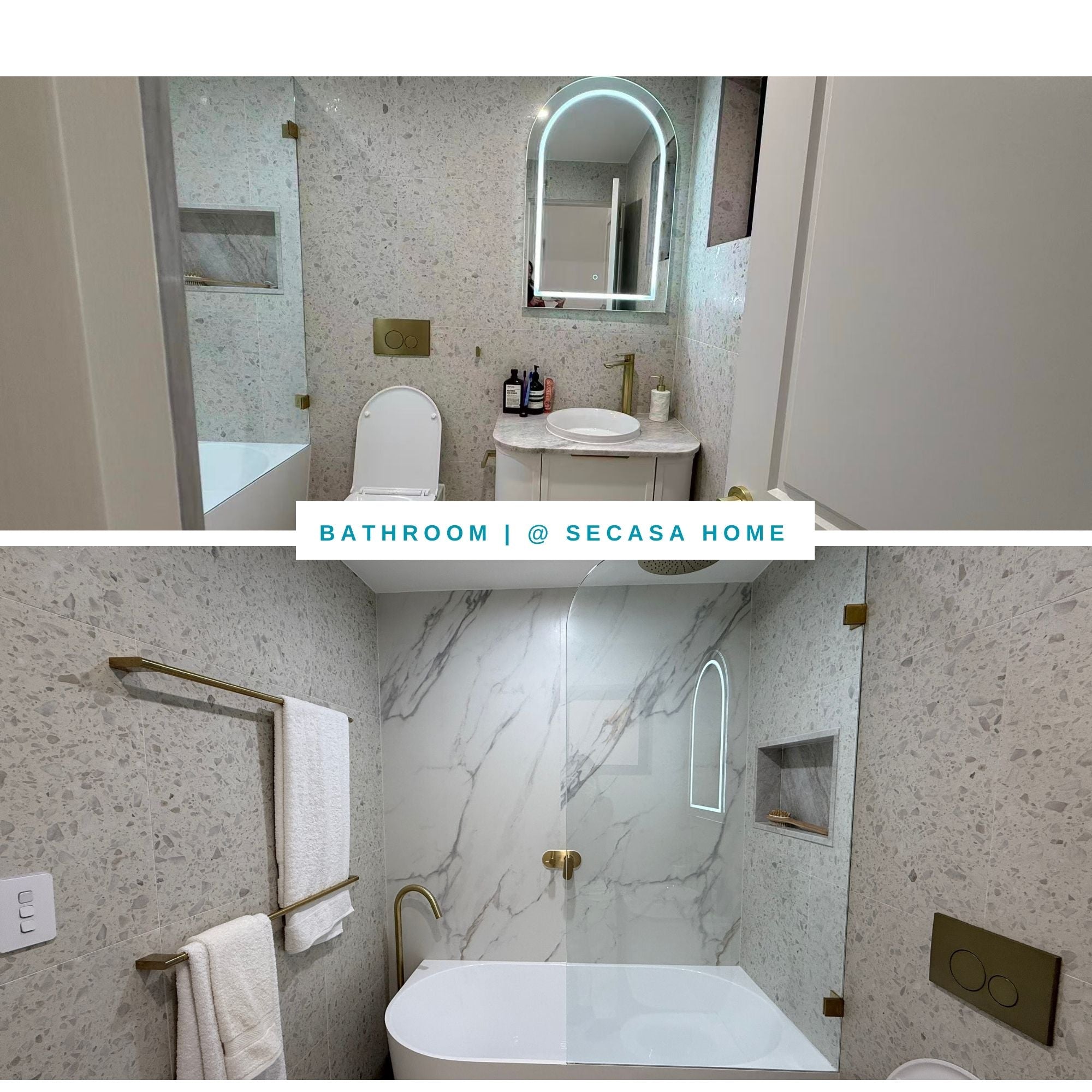 Bathroom interior with toilet, sink, and bathtub, featuring Secasa Home branding.