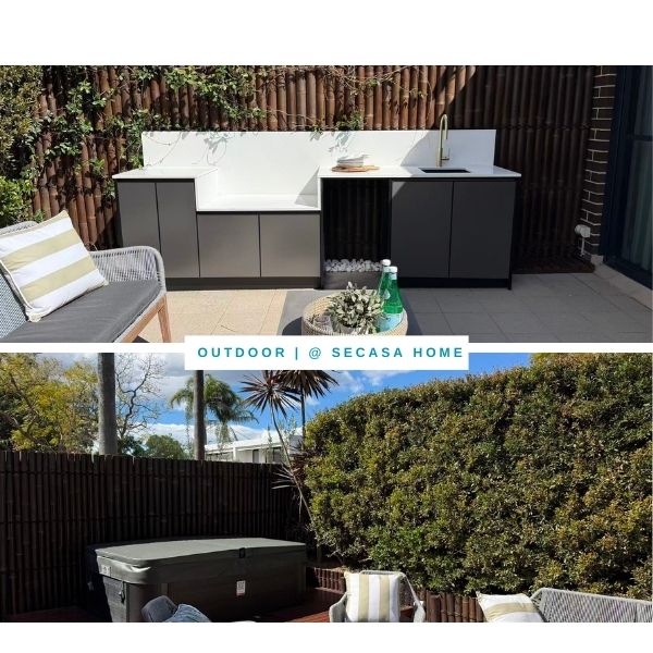 Outdoor patio area with furniture and decor, featuring SECASA HOME branding.