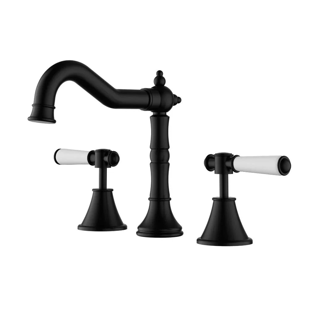 Matte black three-piece bathroom tapware set with white lever handles, modern design