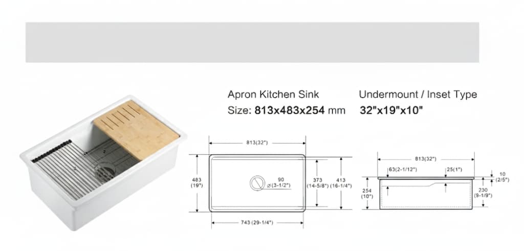 Vorona fireclay apron kitchen sink with drainboard and dimensions, modern inset design